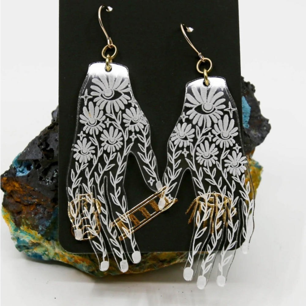 While Odin Sleeps Lucite Hand Etched Flower Earrings Clear Ethereal Witchy